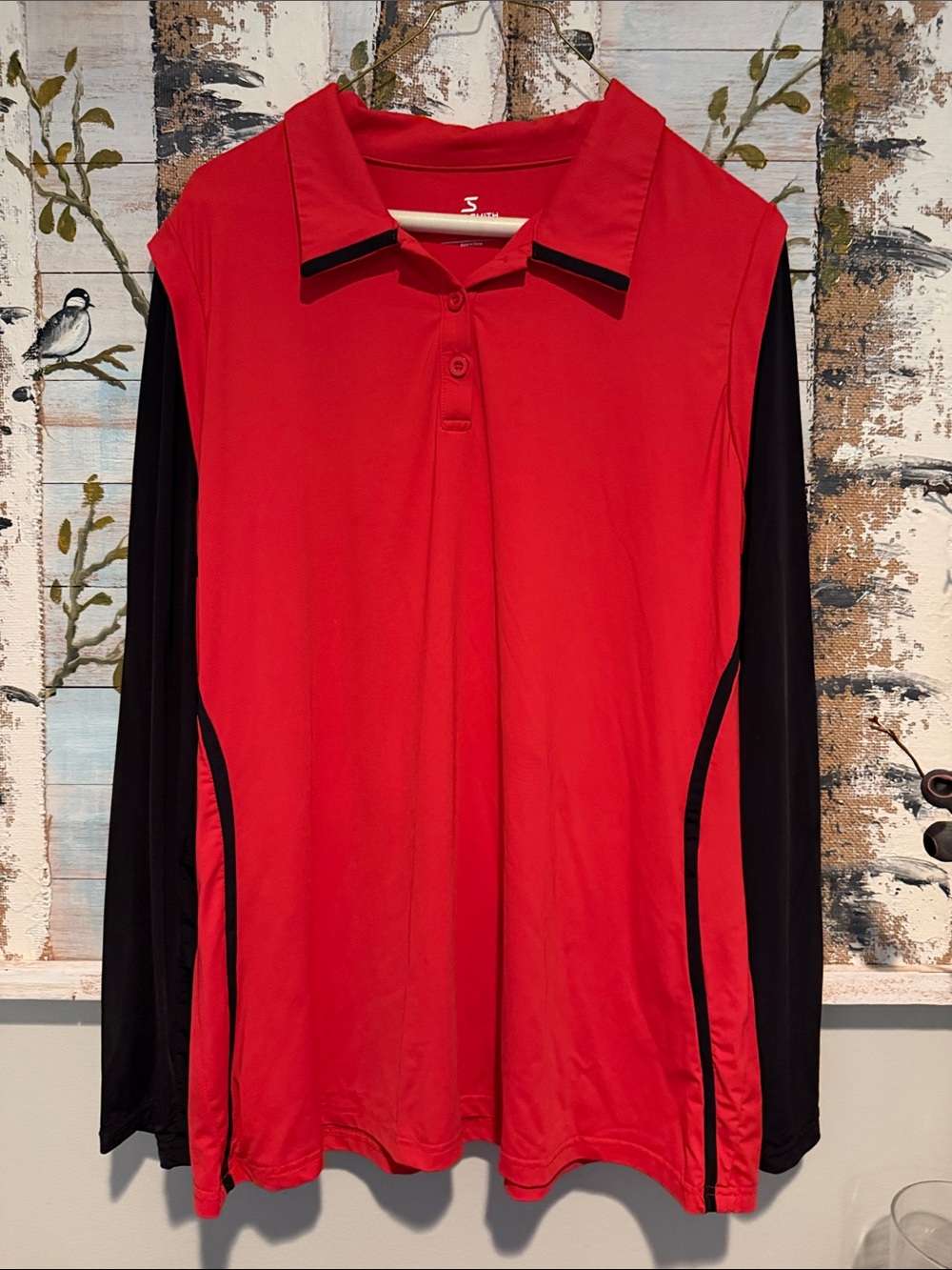 Performance Long-Sleeve Polo Top in Red and Black